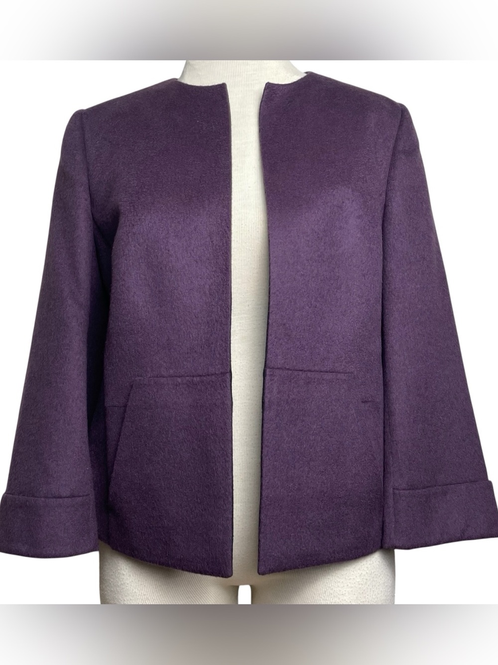 AKRIS Open Front Purple Wool / Angora Blazer Jacket Pockets Quiet Luxury Sz 8